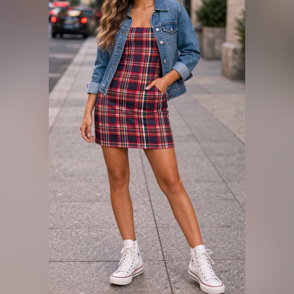Vineyard Vines Strapless Preppy Mini Dress Womens 4 Red Tartan Plaid Pencil